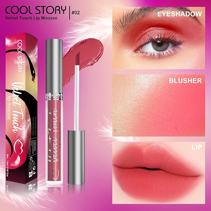 COOL STORY Velvet Lip Stain Mousse, Lip Tint Long-Lasting Waterproof Matte Finish (02)