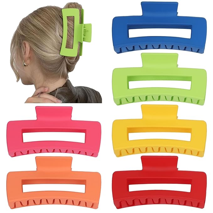 4 Inch Big Hair Claw Clips 6 Pcs Large Claw for Thick Hair Square Hair Clips for Women Rectangle Hair Clips Nonslip Acrylic Banana Jaw Clips Hair Accessories for Girls (Dopamine)