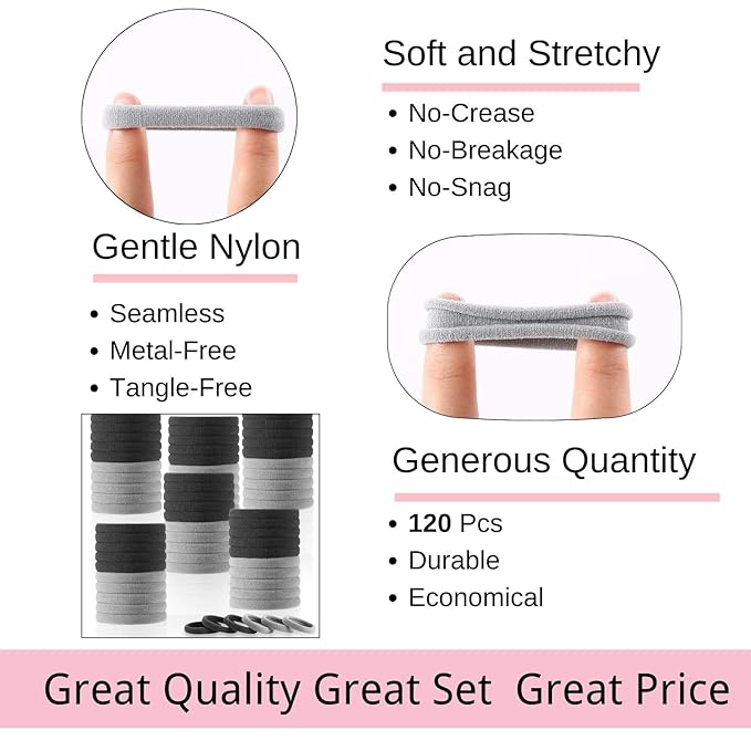 LuSeren 120 Pcs No Damage Hair Ties for Thick Hair, Large Soft Seamless Nylon Hair Elastics for Women, Ponytail Holders, Hair Accessories – Light Grey and Grey Color