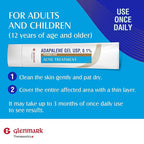 Glenmark Therapeutics Adapalene Gel 0.1% Acne Treatment, Paraben Free Topical Retinoid Cream for Face, Helps Clear and Prevent Acne and Clogged Pores, 15g Tube
