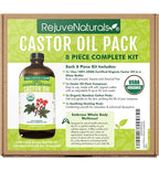 Castor Oil Pack - 8 Piece Complete Kit. Includes 16oz Glass Bottle of Organic Castor Oil, Easy to use Organic Cotton Compress with Adjustable Fit, 5 Soft Cotton Pads & Soothing Heat Pack..