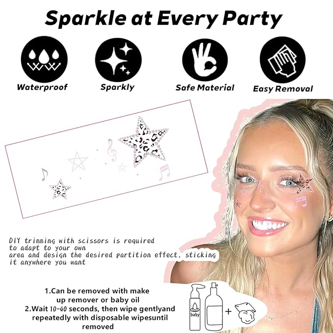 Face Glitter Freckles Tattoo, Leopard Print Star Temporary Makeup Patches, Body Glitter Sparkle Fake Freckles Stickers DIY Festival, Concert,Carnival Party,Cosmetic Glitter,Rave Accessories 8 PCS