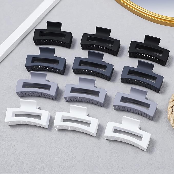 12 Pcs Medium Hair Clips for Women, 3.5 Inch Square Claw Clips, Colorful Hair Claw Clips for Thick and Thin Hair, Bulk Hair Accessories for Women and Girls- Grey