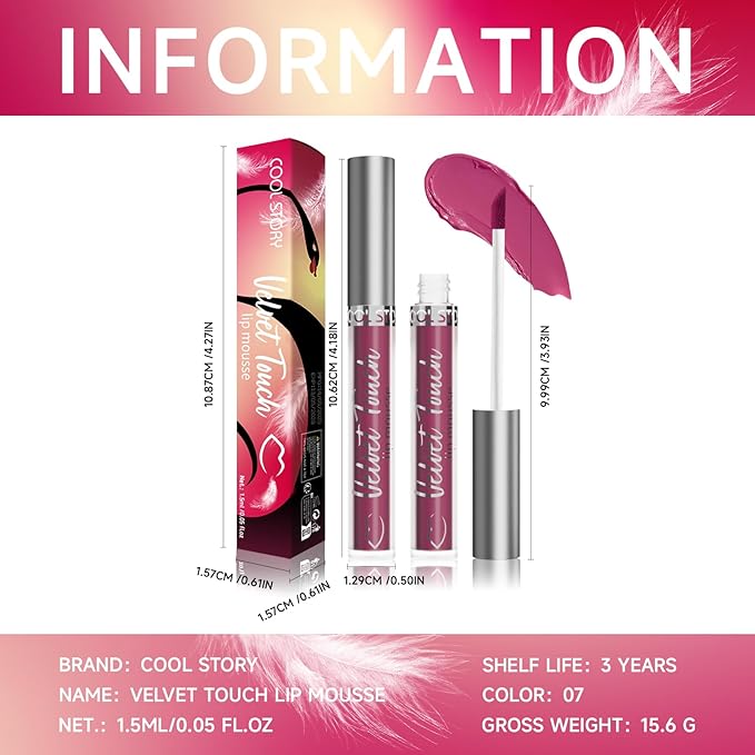 COOL STORY Velvet Lip Stain Mousse, Lip Tint Long-Lasting Waterproof Matte Finish (07)