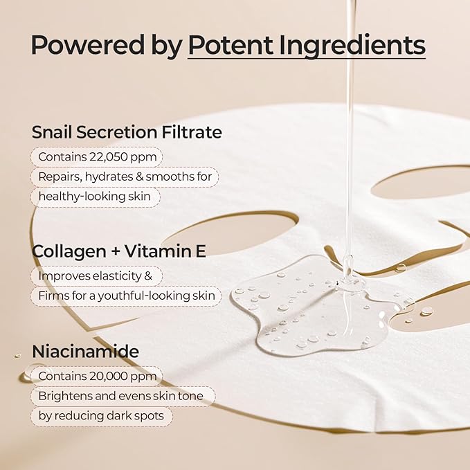 MOTHER MADE Glowing Glass Skin Hydrating Snail Deep Collagen Face Masks Set of 20 EA, with Niacinamide 2%, Vitamin E, Facial Mask for Dry, Sensitive Skin, Self Care, Korean Skincare