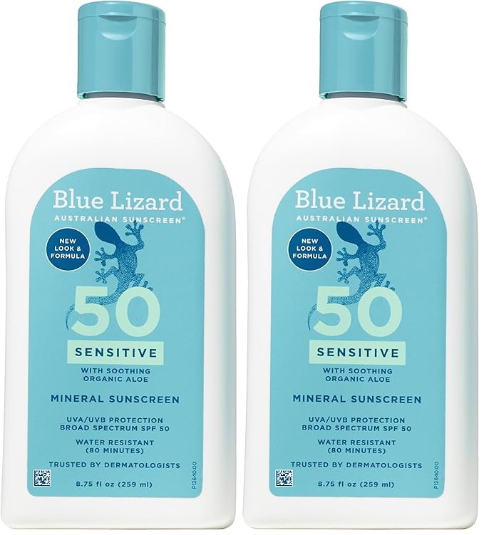 Blue Lizard SENSITIVE Mineral Sunscreen with Zinc Oxide, SPF 50+, Water Resistant, UVA/UVB Protection with Smart Bottle Technology - Fragrance Free, 8.75 oz. (Pack of 2)