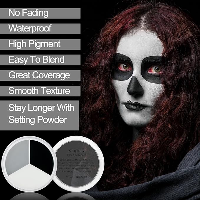 MEICOLY Black White Light Grey Face Body Paint Palette,Halloween Zombie Skeleton Makeup Face Paint,Clown Black White Makeup for Adults and Kids,Professional Body Paint Face Painting for SFX Cosplay