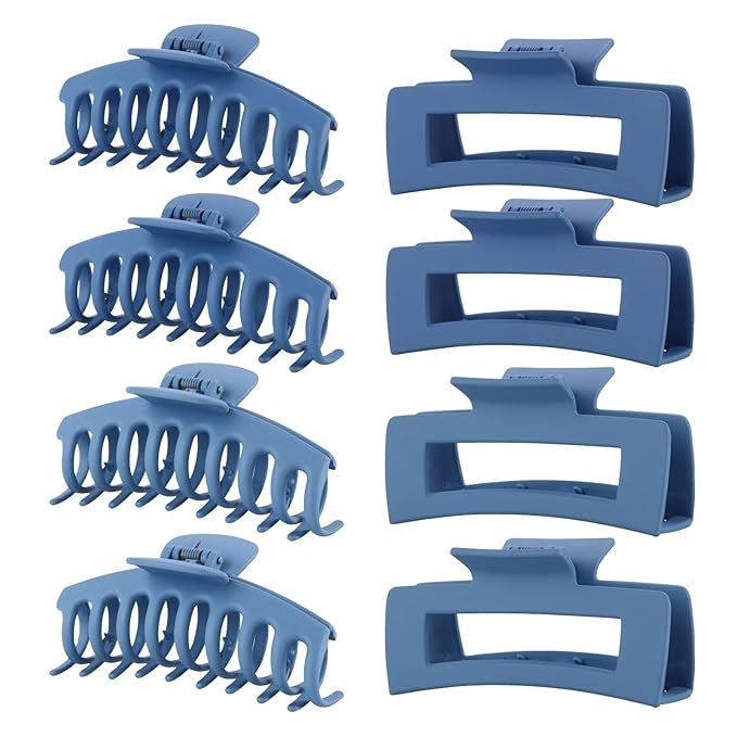 Blue Hair Clips for Women - 8 Pack 4.3 Inch Large Hair Claw Clips for Women Thin Thick Curly Hair, Big Matte Banana Clips,Strong Hold jaw clips