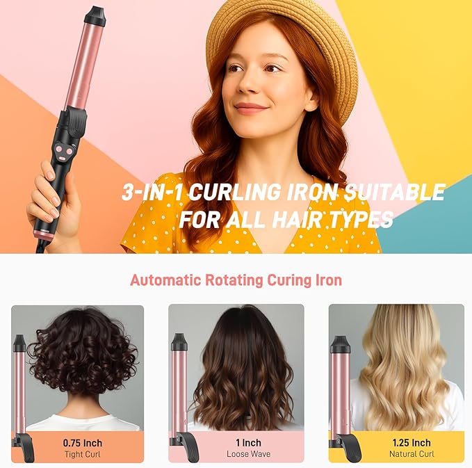 Automatic Curling Iron 1 Inch with 3-in-1 Interchangeable Barrels, Anti-Tangle Beach Waves Hair Curler, Beginner Friendly Dual Voltage Travel Curling Wand for Long Short Hair Pink, Gifts for Women Pro