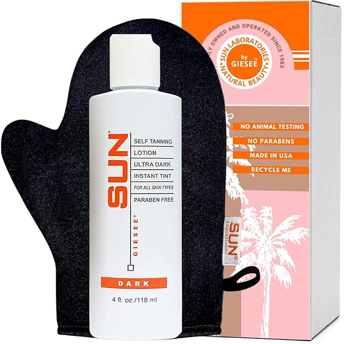 Sun Laboratories By Giesee Ultra Dark Self Tanning Lotion with Tanning Mitt - Long Lasting Self Tanner for Face and Body - Instant Sunless Tanning Lotion - Achieve a Natural-Looking Tan