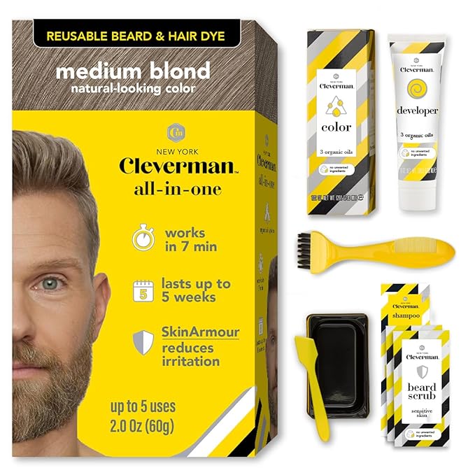Cleverman Medium Blond All-in-One Reusable Kit for Men's Natural-Looking Gray Coverage - Professional-Quality Hair, Beard & Mustache Color, Ammonia-Free