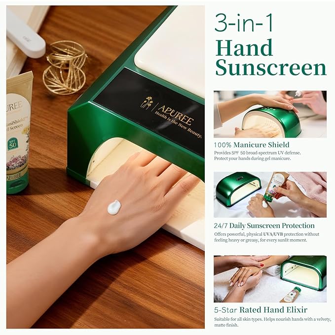 APUREE U V Nail Lamp Hand Screen: Hand Sunscreen SPF 50+/PA++++| UV Lights Protection Cream| Fragrance-Free & Hypoallergic Formula| For Nail Salon Home Use| Vegan & Cruelty Free| Deep Hydrate Moisture