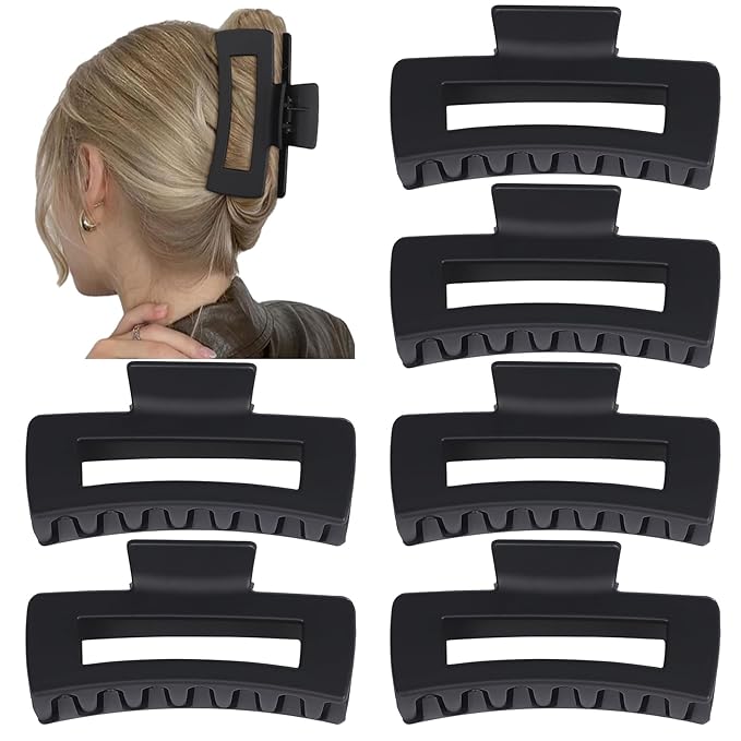 4 Inch Big Hair Claw Clips 6 Pcs Large Claw for Thick Hair Square Hair Clips for Women Rectangle Hair Clips Nonslip Acrylic Banana Jaw Clips Hair Accessories for Girls (Black)