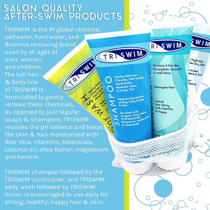 TRISWIM Gift Set Value Pack of 4 + Mesh Bag Travel Kit Swim Care Chlorine Removal Body Wash + Swimmers Shampoo + Conditioner and Lotion 8.5 fl oz for Hydrated Skin and Healthy Hair