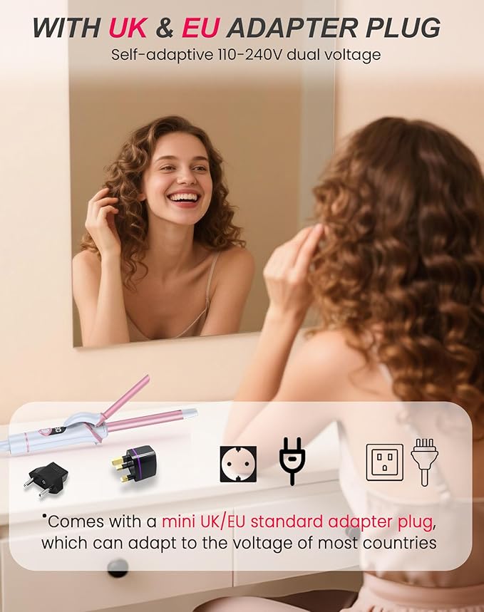 Mini Curling Iron for Short Hair Dual Voltage with European UK Plug Adapter 1/2 Inch Travel Size Small Barrel Curling Iron to Medium Bouncy Curls with 30S Fast Heating, 5 Temps for Global