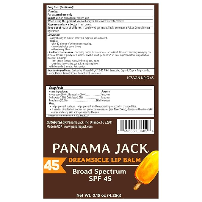 Panama Jack Sunscreen Lip Balm - SPF 45, Broad Spectrum UVA-UVB Sunscreen Protection, Prevents & Soothes Dry, Chapped Lips, Dreamsicle, Pack of 7