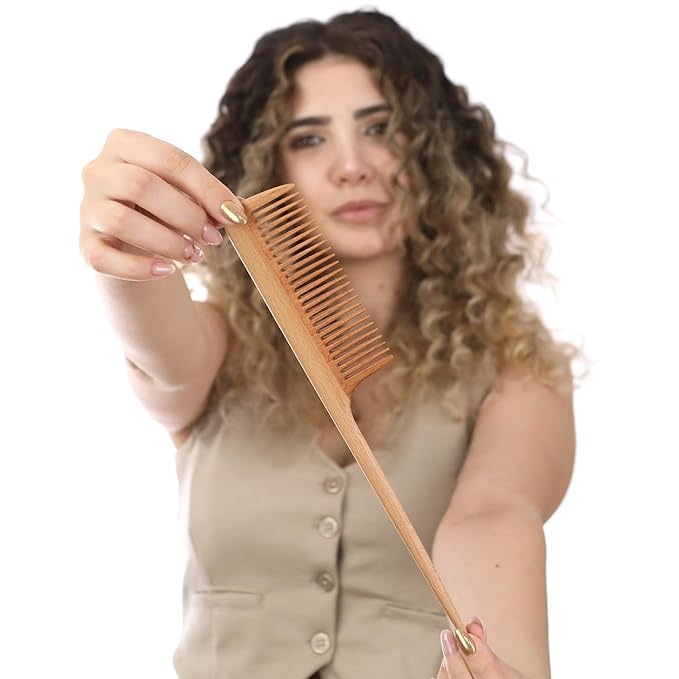 Wide Tooth Wooden Comb Handmade - Natural Vintage Style Wide Tooth Comb for Curls Gentle Styling - Anti-Static Wood Hair Combs For Women Detangling (Fine Tooth Tail Comb)