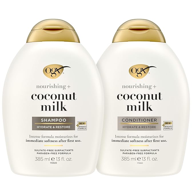 OGX Nourishing + Coconut Milk Sulfate Free Shampoo and Conditioner Set, Hydrates & Softens Hair, Lipi Pro Shield Technology, Creamy Coconut Milk White Peach & Shea Butter Scent, 2 Items, 2 x 13 fl oz