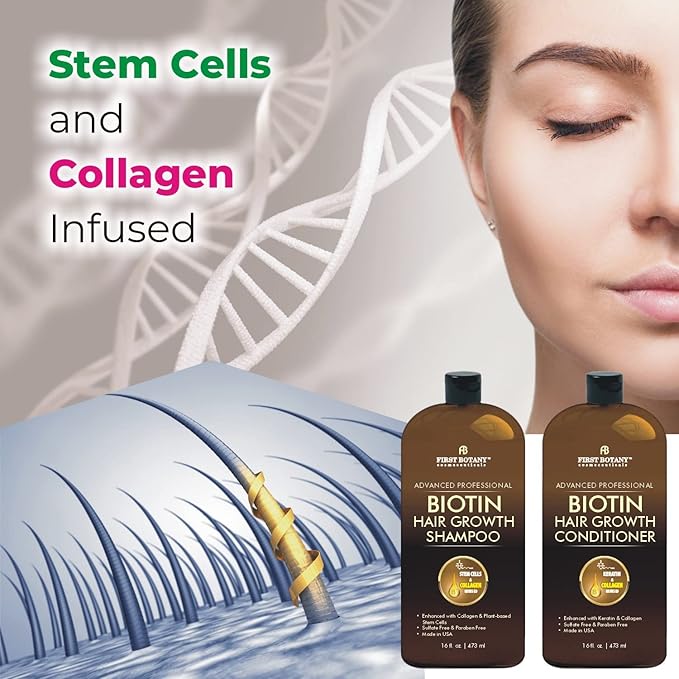 First Botany, Biotin Hair Growth Shampoo Conditioner Anti Hair Loss Thickening formula Collagen & Stem Cell For Hair Regrowth Anti Thinning Sulfate Free For Men Women Anti Dandruff Treatment 16 oz x2