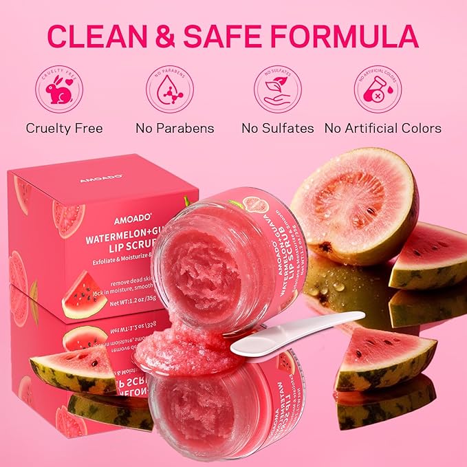 AMOADO Sugar Lip Scrub for Dark Lips – Exfoliating Lip Scrub for Smooth & Soft Lips with Watermelon & Guava, Lip Exfoliator & Moisturizer for Dry, Chapped Lips, Natural Lip Care, 1.2 oz/35g