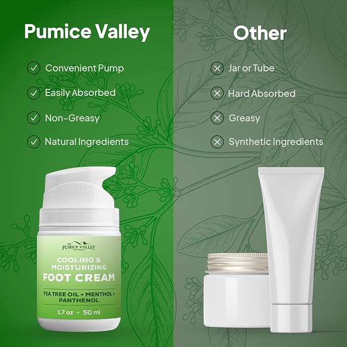Pumice Valley Foot Cream for Dry Cracked Feet and Heels - Natural Moisturizer, Corn, Calluses Treatment - Skin, Body Lotion, Panthenol, Tea Tree Oil, Menthol 1.7 Oz