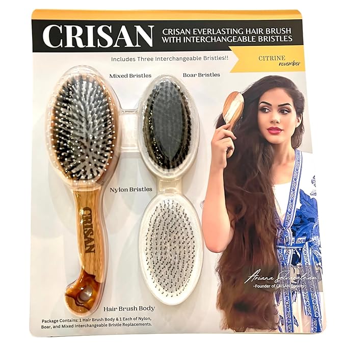 CRISAN Everlasting Hair Brush, Hand Carved Oak Wood and Resin Handle, 3 Interchangeable Bristles - Mixed, Boar, and Nylon (Citrine)