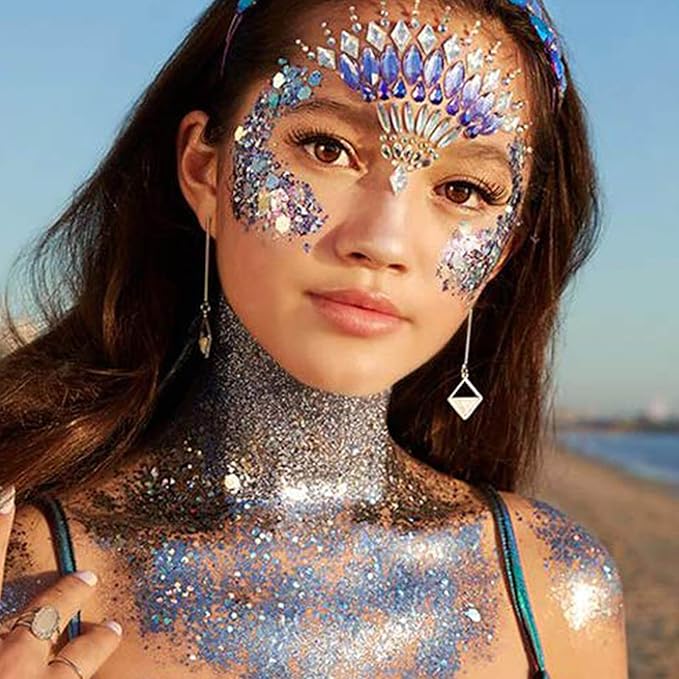 Iridescent White Face Glitter,Color Changing Mermaid Body Hair Glitter Gel,Chunky Glitter Face Paint,Sparkling Sequin for Face Body,Halloween Festival Party Chameleon Glitter Makeup,50ml