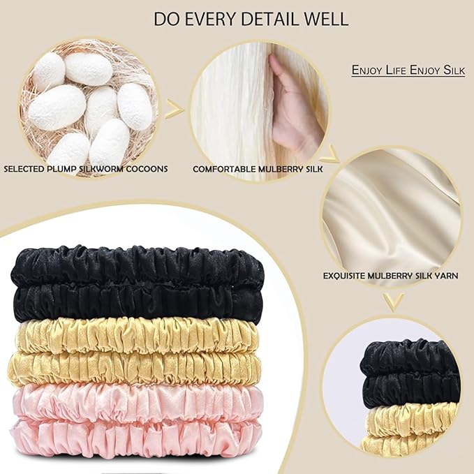 Suncdelv Silk,100% Silk Scrunchies for Hair,22 Momme Hair Ties for Anti-Crease & Breakage,Natural Women Hair Accessories，Fashion Hairbands 6PCS(Leopard Print, Gold, Black)
