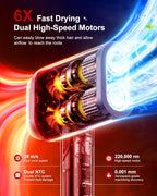 Hair Dryer, 220,000 RPM Dual High-Speed Brushless Motors Blow Dryer for 6X Fast Drying, 500 Million Negative Ionic Hair Dryers for Long Thick Hair, Low-Noise 4 Temps /4 Speeds