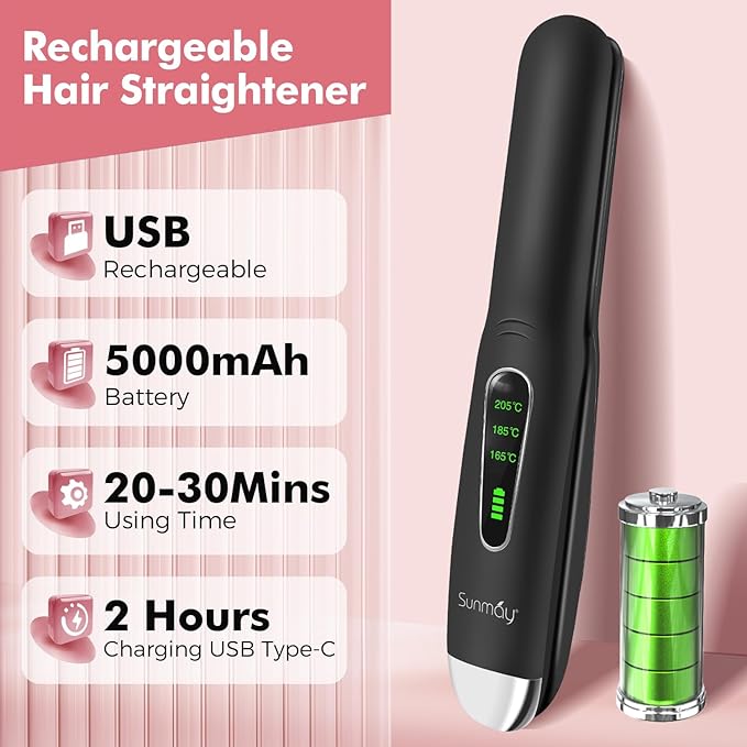 SUNMAY Cordless Hair Straightener, 0.85 Inch Titanium Portable Hair Straightener for Travel, Cordless Mini Flat Iron Hair Straighteners and Curlers 2 in 1, Dual Voltage, On-The-Go & 20S Fast Heat Up
