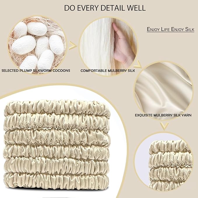 Suncdelv Silk,100% Silk Scrunchies for Hair,22 Momme Hair Ties for Anti-Crease & Breakage,Natural Women Hair Accessories，Fashion Hairbands 6PCS(Rice White)