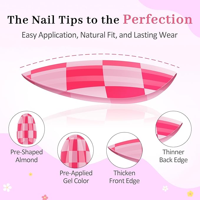 16 Sizes Press on Nails Kit for Kids - 32 Pieces French Almond Fake Nail Tips for Girls 8-12 Years Old with Jelly Nail Adhesives & No-Lamp Nail Glue, Birthday Christmas Gifts (Rose Pink Grid)