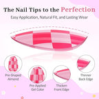 16 Sizes Press on Nails Kit for Kids - 32 Pieces French Almond Fake Nail Tips for Girls 8-12 Years Old with Jelly Nail Adhesives & No-Lamp Nail Glue, Birthday Christmas Gifts (Rose Pink Grid)