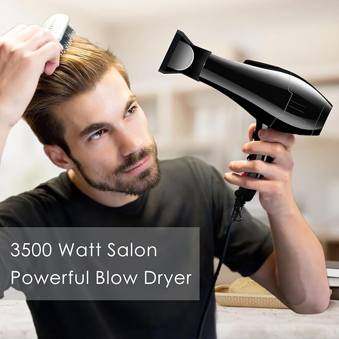 Hair Dryer, 3500 Watt Professional Salon Ionic Blow Dryer with AC Motor, 3 Heat Settings, 2 Speeds, Cool Shot Button, Tourmaline Ceramic, Concentrator & Diffuser Attachments, Black,110V