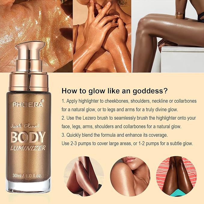 Body Shimmer Oil, Glistening Bronze Natural Glow Luminizer, Long Lasting Waterproof Moisturizing Liquid Illuminator Highlighter Makeup for a Sun-Kissed Glow, Brush Include, 1oz, Medium