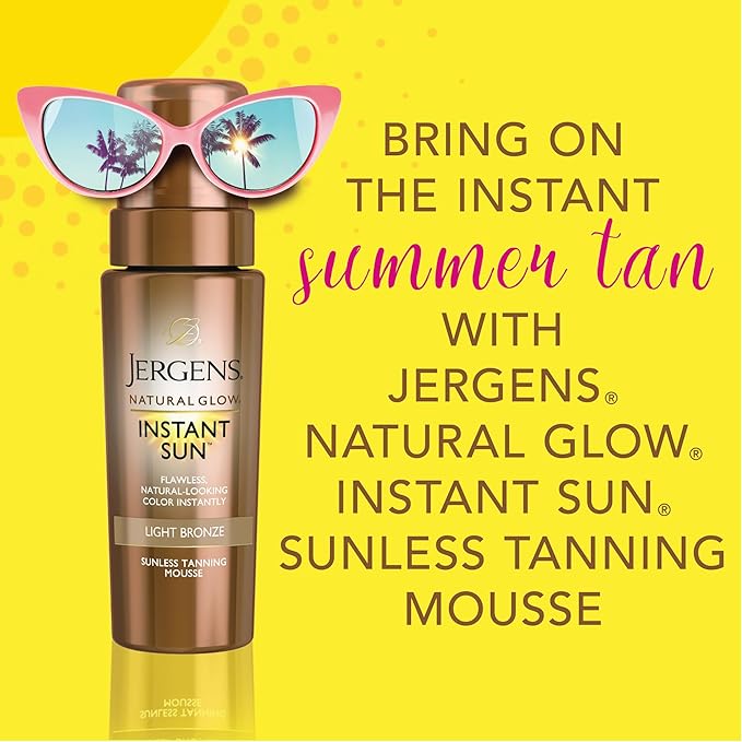 Jergens Natural Glow Instant Sun Self Tanner Mousse Bundle, Light Bronze, Sunless Tanning, 6 Oz Bottle and Application Mitt