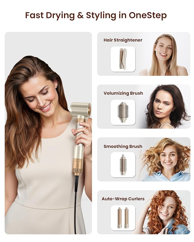 6-in-1 Hot Air Styler – Hair Dryer & Versatile Air Styler with Straightener, Auto Curler, Volumizing Brushes, Frizz-Free Hair Styler for Straighting, Curling, Smoothing & Adding Volume, Gift for Women