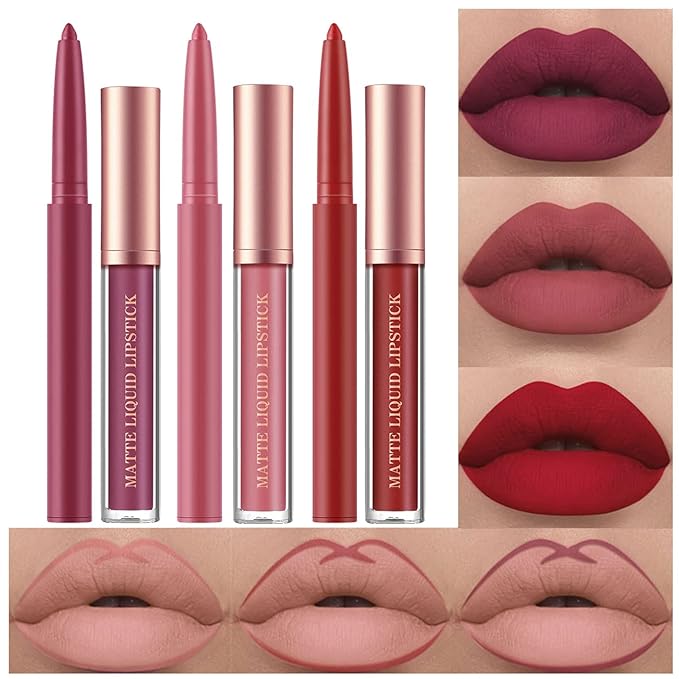 BestLand 6Pcs Matte Liquid Lipstick and Lip Liner Set, Non-Stick Cup Not Fade Waterproof 24 Hour Lip Gloss Nude Brown Lip Liner Pencil for Women, labiales mate 24 horas originales (Set B)