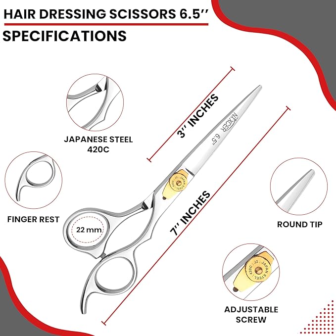 Hair Cutting Scissors -Sharp Razor Edge Blade Hair Shears Series - 6.5" With Fine Adjustment – Stainless Steel Hair Scissors Professional For Men, Women & Babies (Silver)