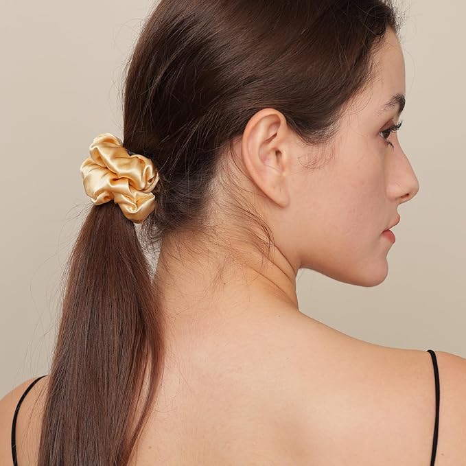 Silk Scrunchies for Women, 100% Mulberry Silk Hair Ties No Damage, Gentle No-Pull Elastic Ponytail Holders, 1Pc (Champagne Gold)