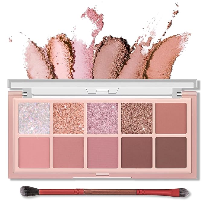 Erinde 10 Colors Eyeshadow Palette Makeup - Matte Shimmer Glitter Eye Shadow, Natural-Looking Korean Eye Makeup, Ultra-Blendable, High Pigmented, Pink Christmas Eyeshadow Palette with Brush, Rose Pink