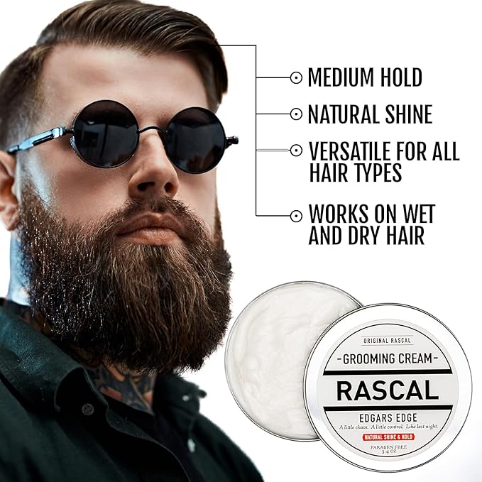Rascal Original Edgar's Edge Grooming Cream - Hair Cream for Men with Medium Hold & Natural Shine, Mens Hair Conditioning & Styling Solution for All Hair Types, Made with Beeswax & Castor Oil - 3.4 Oz