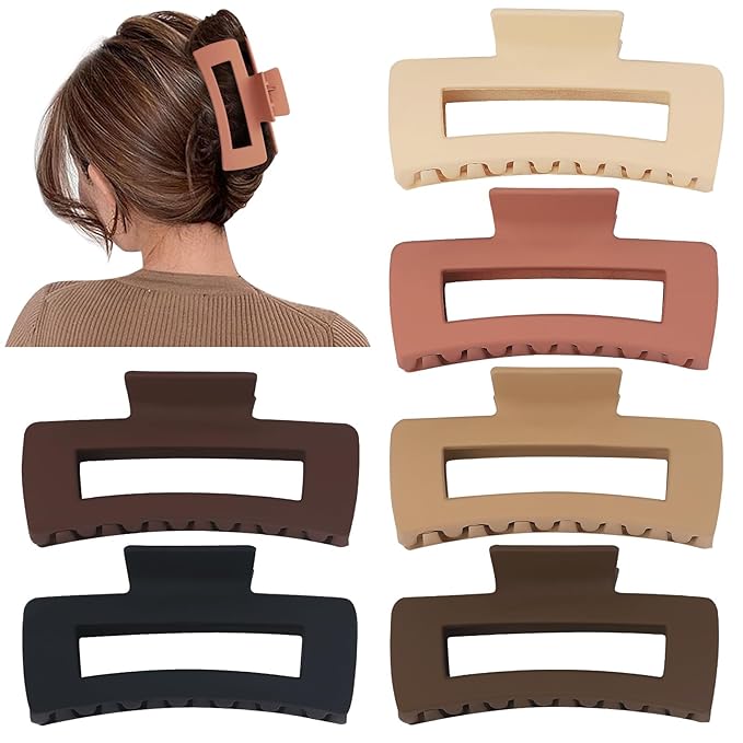 4 Inch Big Hair Claw Clips 6 Pcs Large Claw for Thick Hair Square Hair Clips for Women Rectangle Hair Clips Nonslip Acrylic Banana Jaw Clips Hair Accessories for Girls (Coffee)