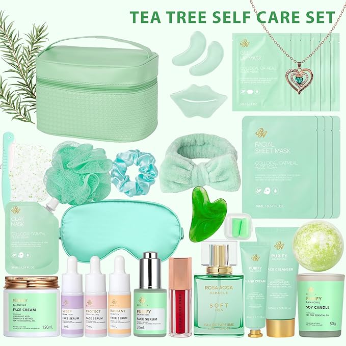Christmas Gifts for Women, 33 Pcs Tea Tree Collagen Face Sheet Mask, Skin Care Gift, Self Care Kit Spa Gift Baskets, Necklace, Lip Gloss, Bath and Body Set, Face Serum, Mother Day, Birthday Present