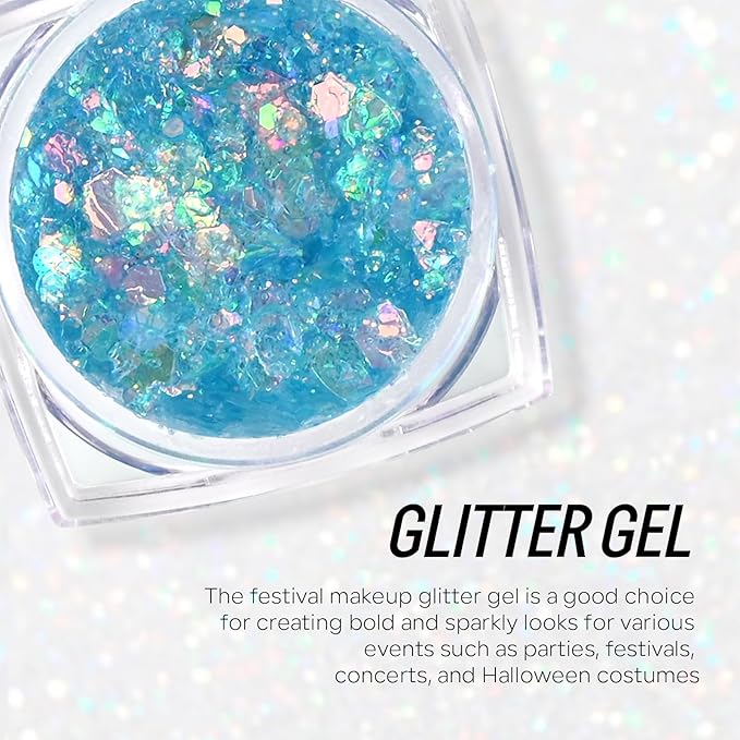 Blue Face and Body Hair Glitter Gel, Party Concerts Cheer Face Paint Holographic Chunky Festival Rave Accessories Glitter Makeup, 6 Kinds of Sparkling Sequins for Hair Nail Eye Lip Body