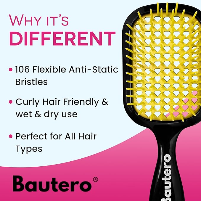 Bautero Brush Detangler Brush for Wet & Dry Hair, Pain-Free Brushing on All Hair Types, Knot Removal, Vented Hair Brush, Saku Sunflower