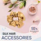 Blissy Silk Scrunchies (3 Pack) - 100% Pure Mulberry Silk - 22 Momme 6A High-Grade Fibers Scrunchie for Straight & Curly Hair - Preventing Breakage, Tangling, & Creasing (Gold Skinny)