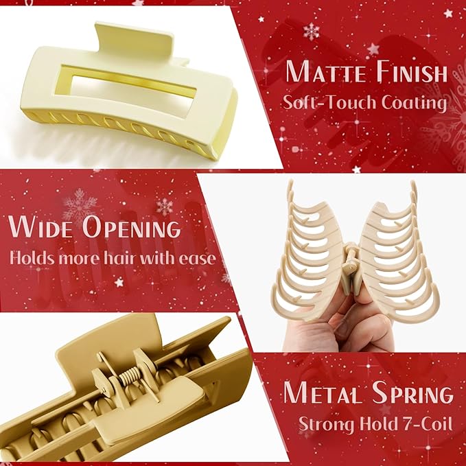 TOCESS Big Claw Clips for Women & Girls, 8 Pack 4.33 Inch Matte Jumbo Hair Claw Clips, Strong Hold Non-Slip Rectangle Hair Clamps for Thick, Curly, Long or Fine Hair