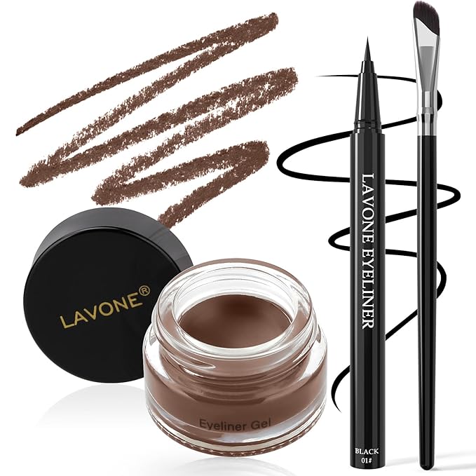 LAVONE Eyeliner Set - Waterproof Makeup Kit with Liquid Eye Liner Pencil, Gel Eyeliner and Angled Eye Liner Brush, Waterproof, Smudge Resistant, Long Lasting Formula - Chocolate