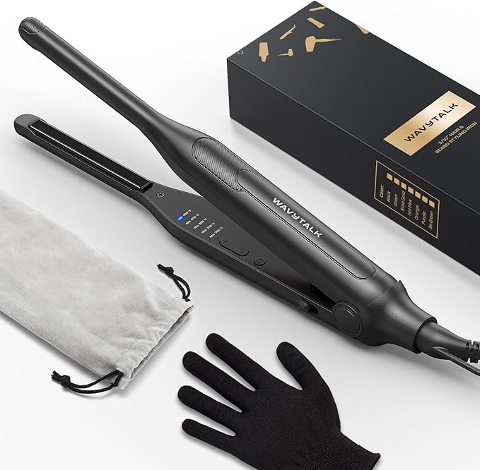 Wavytalk Pencil Flat Iron, 3/10" Small Iron for Short Hair, Pixie Cut and Bangs, Tiny Beard Straightener with Dual Voltage & Adjustable Temp, Mini Hair Edges Heating Up in 15s
